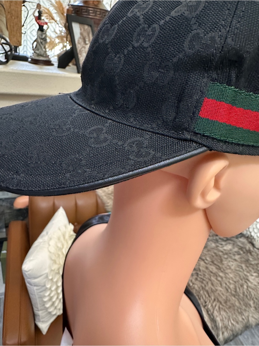 Gucci Black Monogram Baseball Cap with Green-Red Web Stripe - Picture 10 of 13
